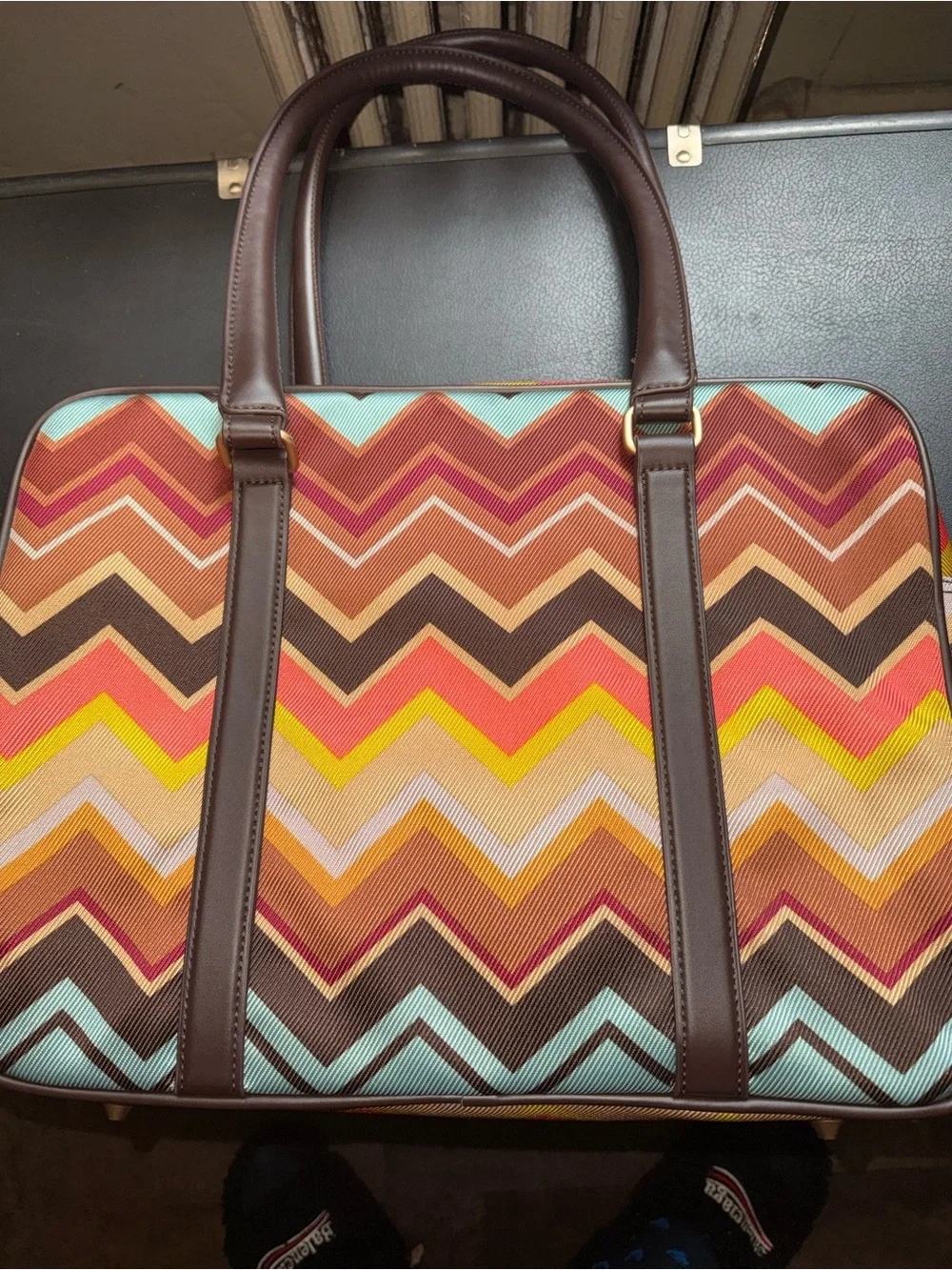 Chevron Pattern Brown Leather-Trim Travel Tote - women